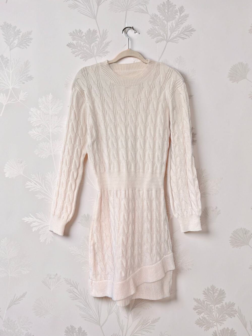 Womens XL Cream Cable Knit Sweater Dress Long Sleeve Asymmetrical Hem